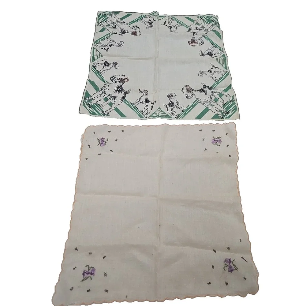 Vtg Embroidered Flower Fox Terrier‎ Cloth Scalloped Hem Men's Handkerchiefs